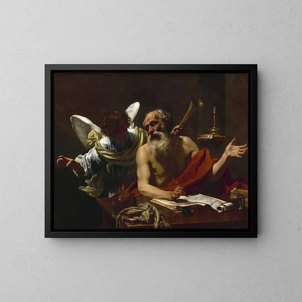 Saint Jerome and the Angel - Simon Vouet — framed artwork on a wall