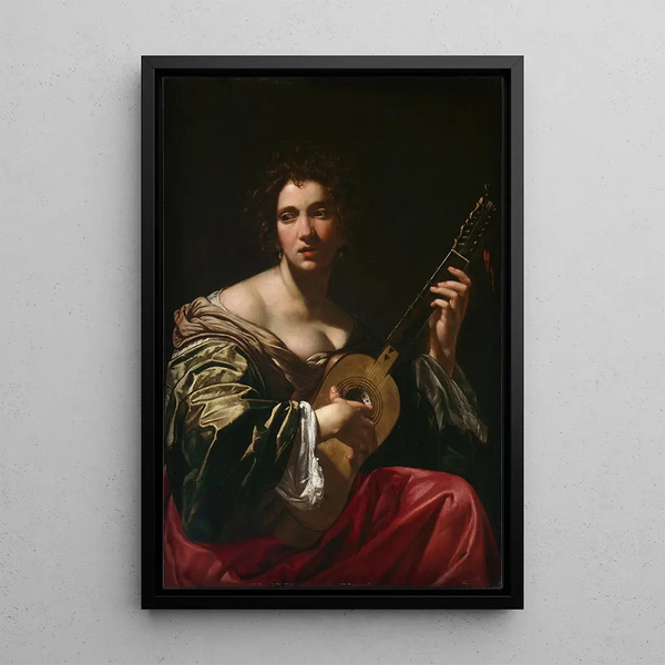 a woman playing guitar - Simon Vouet — framed artwork on a wall