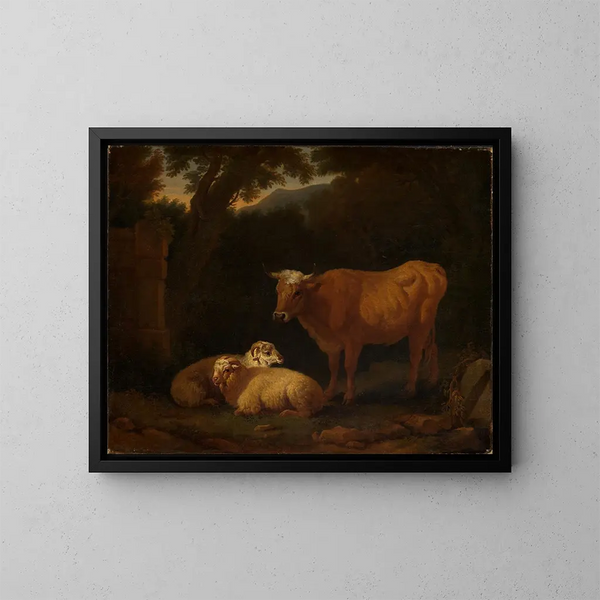 a standing ox and two lying sheep in a forest landscape - Simon van der Does — framed artwork on a wall