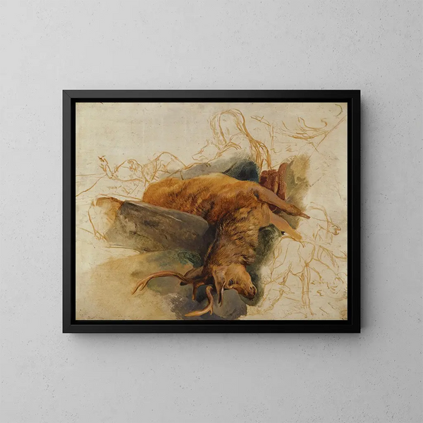 a dead stag with sketched figures of a gamekeeper and dogs - Sir Edwin Henry Landseer — framed artwork on a wall