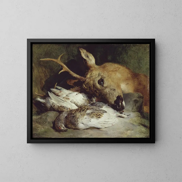 Tête de chevreuil et deux lagopèdes - Sir Edwin Henry Landseer — framed artwork on a wall