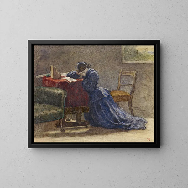 Een vrouw die haar gezicht met beide handen vasthoudt, knielend op het tapijt - Sir John Everett Millais — ingelijst kunstwerk aan de muur