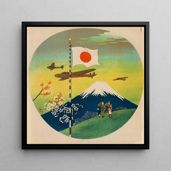 Soldats saluant le drapeau national avec des enfants alors que des avions de guerre passent près du Mont Fuji - Anonyme