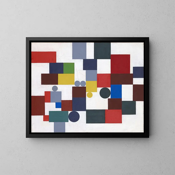 Composition with tetragons, rectangles, and congruent circles - Sophie Taeuber-Arp — framed artwork on a wall