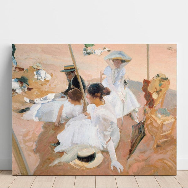Reproductie van het schilderij onder de luifel, op het strand van Zarauz - Joaquín Sorolla