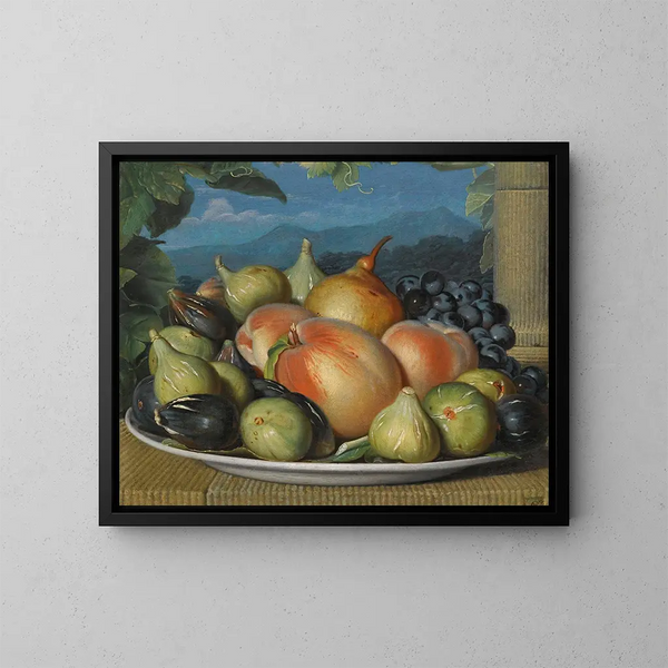 Natuurstudie met vijgen, perziken, een peer en zwarte druiven op een wit bord, een uitgestrekt landschap daarachter - Spaanse school — ingelijst kunstwerk aan de muur