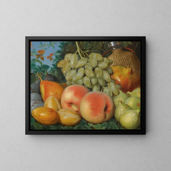 Natuurstudie met vijgen, pruimen, een peer, witte druiven en een flacon - Spaanse school — ingelijst kunstwerk aan de muur