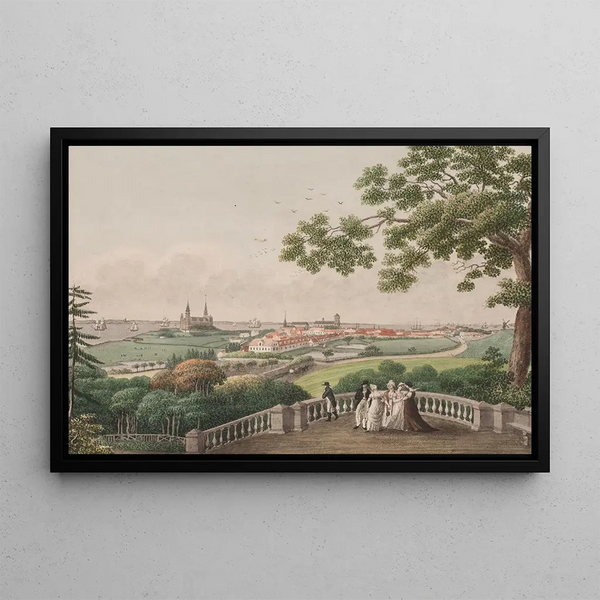 Sren L Lange - Udsigt af Helsingr Kronborg og resundet imellem kysterne af Sjlland og Skne Tegnet p terrassen i hangen ved Marienlyst.webp