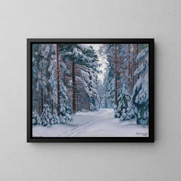Path in the snowy forest - Stanisław Żukowski — framed artwork on a wall