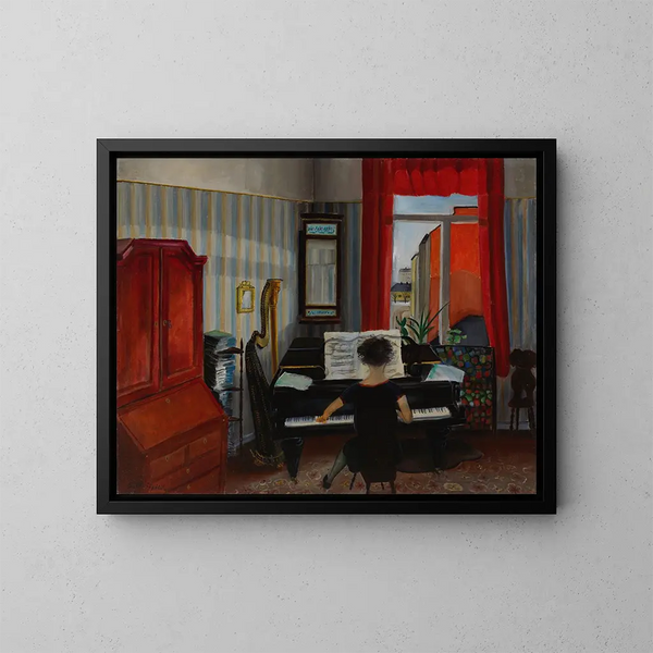a Woman playing the piano - Sulho Sipilä — framed artwork on a wall