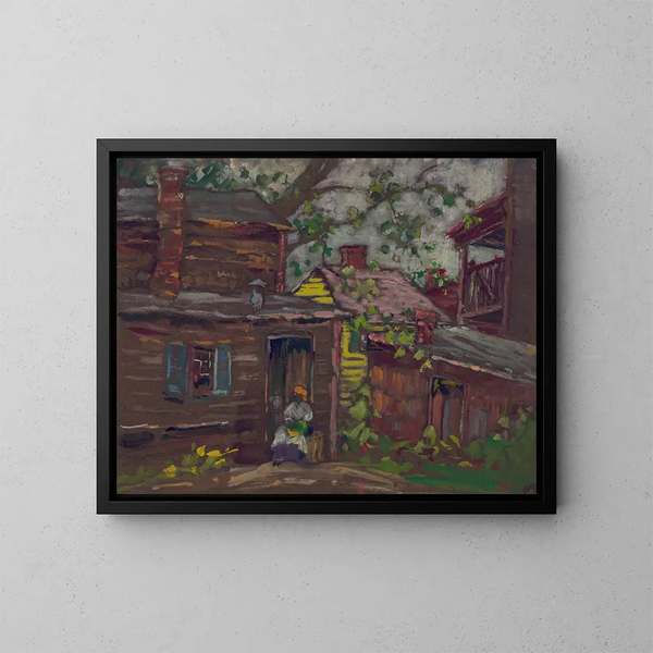 African-American painting of a seated figure in the doorway of a wooden-framed house in Washington DC - Susan Brown Chase — framed artwork on a wall