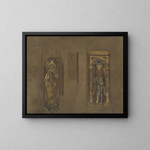 Saint with episcopal crosier and book, angel in a niche - Susanne Renate Granitsch — framed artwork on a wall