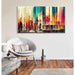 Abstract schilderij – Chromatische stedelijke fusie | Kleurrijke muurposter met verticale vormen en gestileerde architectuur