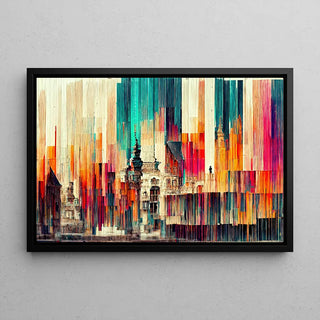 Tableau Abstrait – Fusion Urbaine Chromatique | Affiche Murale Colorée aux Formes Verticales et Architecture Stylisée | Déco Moderne pour Salon ou Loft
