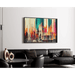 Abstract schilderij – Chromatische stedelijke fusie | Kleurrijke muurposter met verticale vormen en gestileerde architectuur