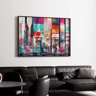 Tableau Abstrait – Pièces du Futur | Affiche Murale Futuriste aux Couleurs Vives et Ambiance Urbaine | Déco Moderne pour Salon ou Espace Créatif