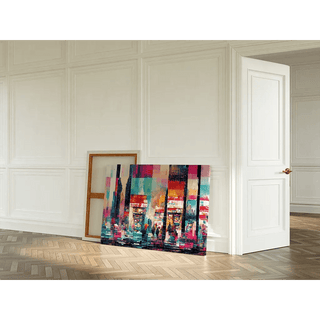 Tableau Abstrait – Pièces du Futur | Affiche Murale Futuriste aux Couleurs Vives et Ambiance Urbaine | Déco Moderne pour Salon ou Espace Créatif