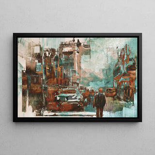 Tableau Abstrait – Réminiscence Urbaine | Affiche Murale Vintage et Contemporaine aux Teintes Rouille et Turquoise | Déco de Caractère pour Salon ou Bureau