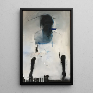 Tableau Abstrait – Silhouette en Suspens | Affiche Murale Énigmatique en Noir et Bleu sur Fond Clair | Déco Minimaliste pour Intérieur Contemporain