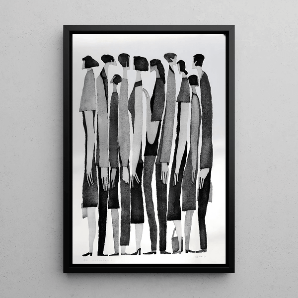 Tableau Design Noir et Blanc – Multitude Silencieuse | Poster Minimaliste de Silhouettes Humaines | Affiche Contemporaine Épurée