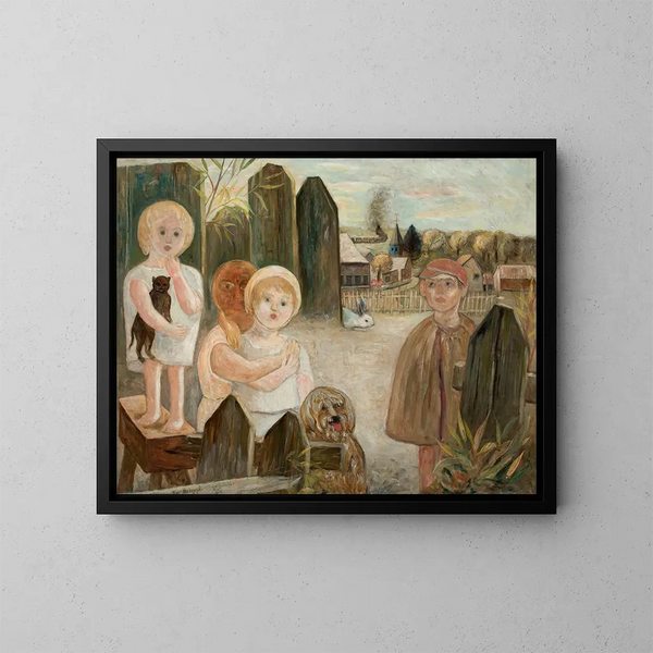 Kinderen in een dorpsplein - Tadeusz Makowski — ingelijst kunstwerk aan de muur
