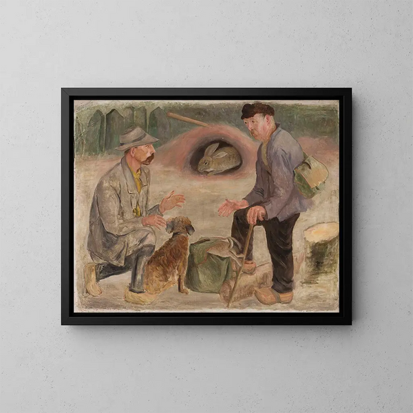 Gesprek met een jager - Tadeusz Makowski — ingelijst kunstwerk aan de muur