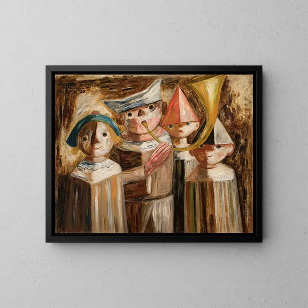 Vier kinderen met een trompet - Tadeusz Makowski — ingelijst kunstwerk aan de muur