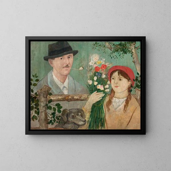Idylle près d'une clôture, autoportrait de fille avec des fleurs et un chien - Tadeusz Makowski — ingelijst kunstwerk aan de muur