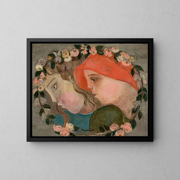 van twee hoofden van kleine meisjes in een bloemenkrans - Tadeusz Makowski — ingelijst kunstwerk aan de muur