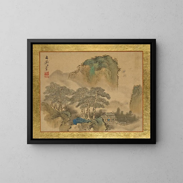 a house next to pine trees in front of mountains - Tani Bunchō — framed artwork on a wall