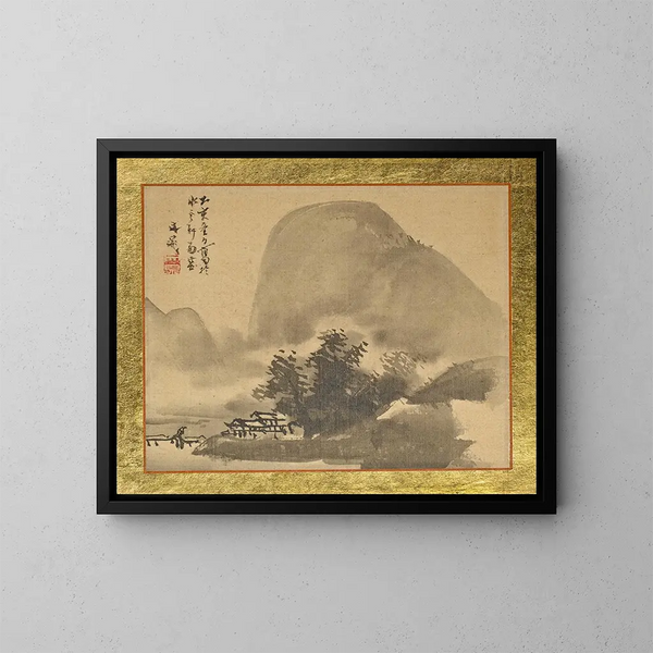 a house near a small grove by the sea in the mist - Tani Bunchō — framed artwork on a wall
