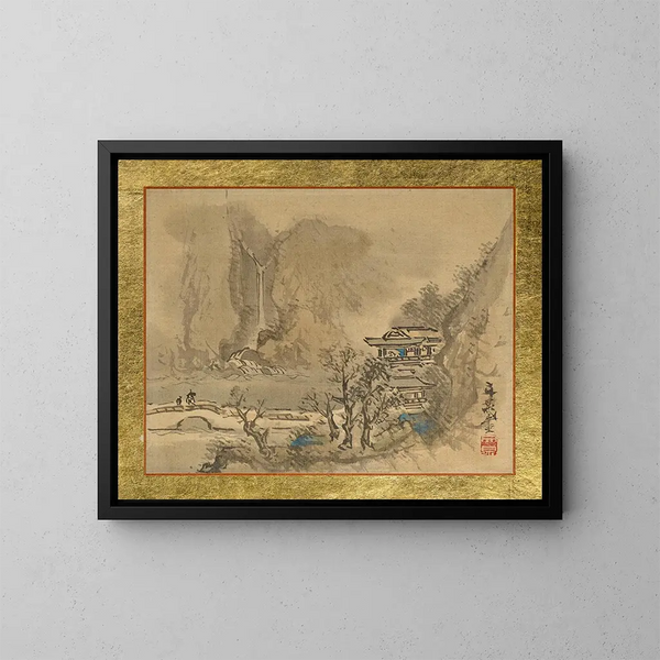 an old man and a attendant heading towards a two-story manor by the water - Tani Bunchō — framed artwork on a wall