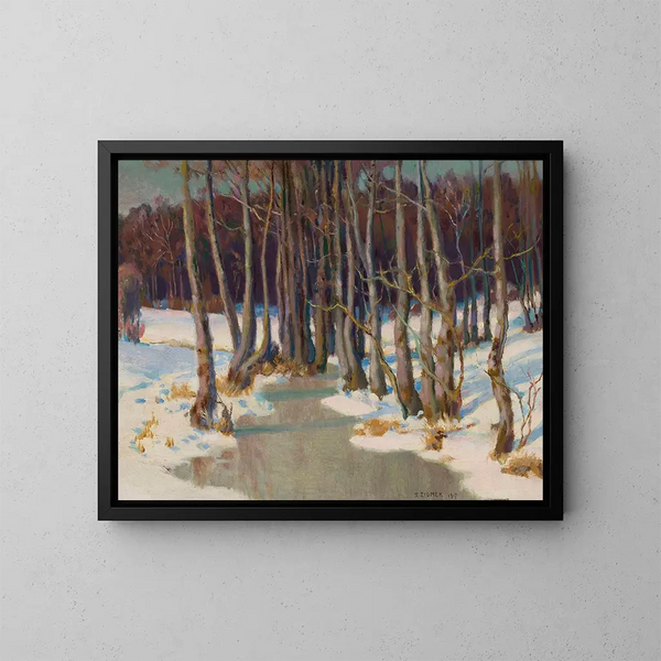 Stream in Winter Forest - Teodor Ziomek — framed artwork on a wall