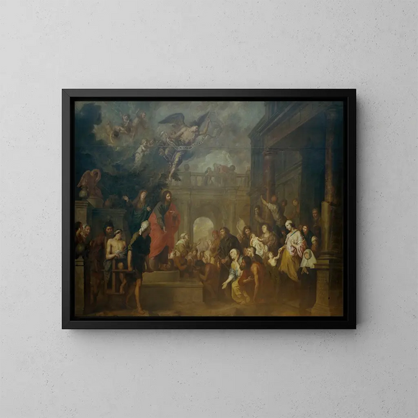 The Christ healing the sick near the Pool of Bethesda - Theodoor Boeyermans — framed artwork on a wall