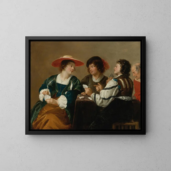 a woman and three men sitting around a table playing cards - Theodoor Rombouts — framed artwork on a wall