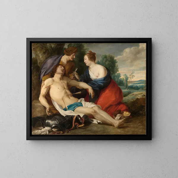 Sainte Irène retire les flèches des blessures de saint Sébastien - Theodoor Rombouts — framed artwork on a wall