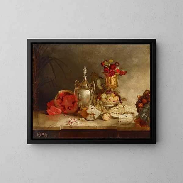 Nature morte avec des fruits et une urne - Theodore Clement Steele — framed artwork on a wall