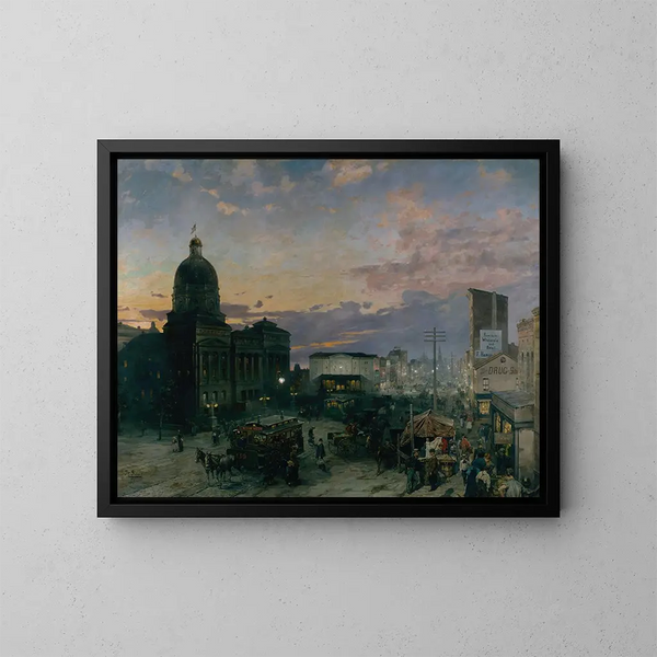 Rue Washington in Indianapolis at dusk - Theodore Clement Steele — framed artwork on a wall