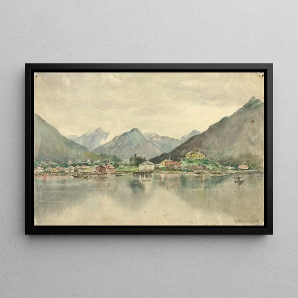 Sitka painting from the islands depicting the Russian castle 1888 - Theodore J. Richardson — framed artwork on a wall