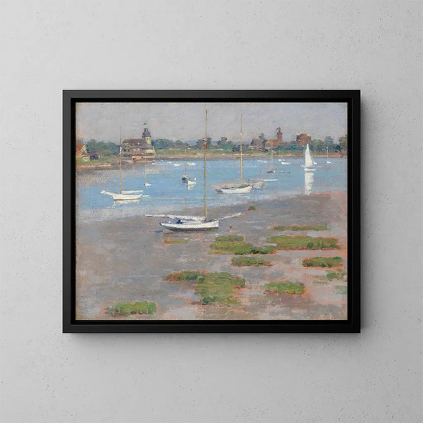 Low tide at Riverside Yacht Club - Theodore Robinson — framed artwork on a wall