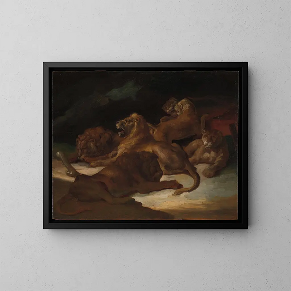 Lions dans un paysage montagneux - Théodore Géricault — framed artwork on a wall