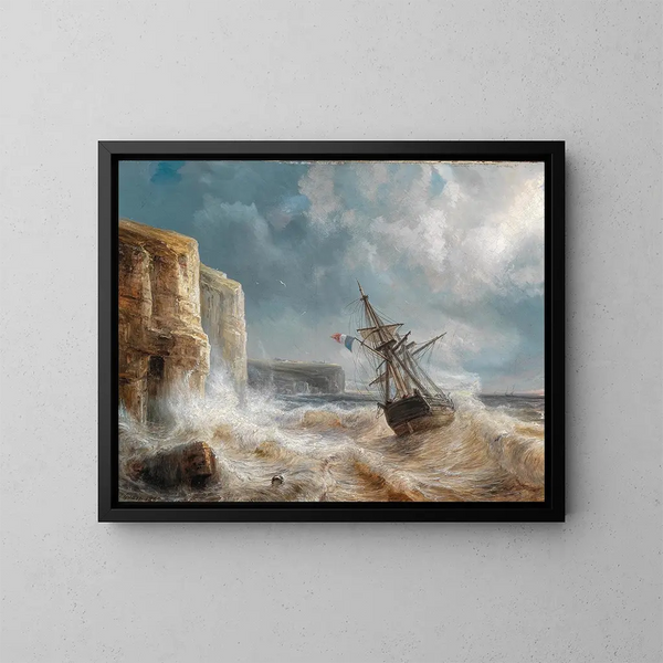 Stormy Seas near a Chalk Coast - Théodore Gudin — framed artwork on a wall