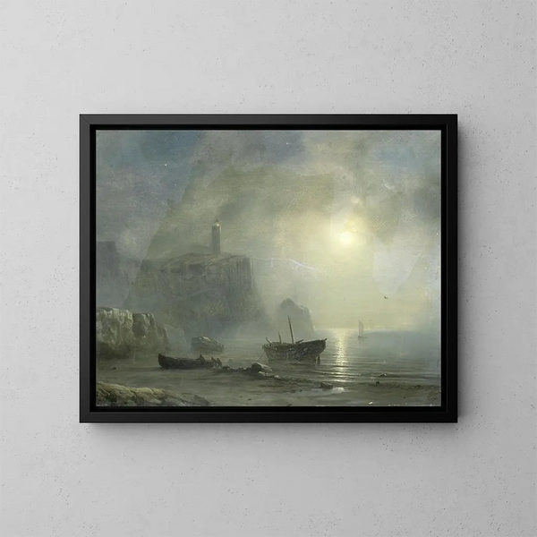 View of a rocky coast by moonlight - Théodore Gudin — framed artwork on a wall