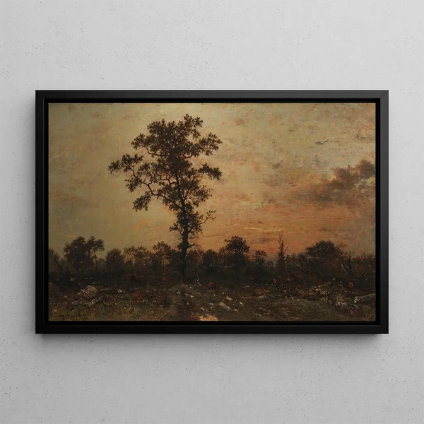 Bosrand bij zonsondergang - Théodore Rousseau — ingelijst kunstwerk aan de muur