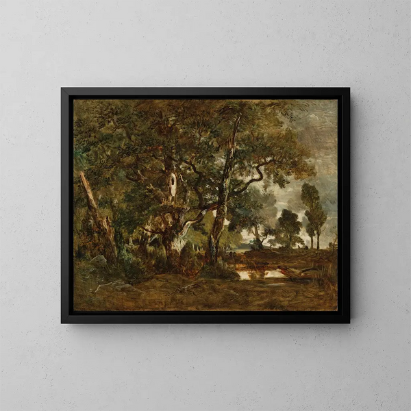 Bos van Fontainebleau, groep grote bomen die de vlakte van Clairbois aan de rand van Ba overschaduwen - Théodore Rousseau — ingelijst kunstwerk aan de muur