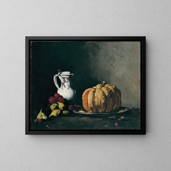 Nature morte with pumpkin, plums, cherries, figs, and jug - Théodule Ribot — framed artwork on a wall