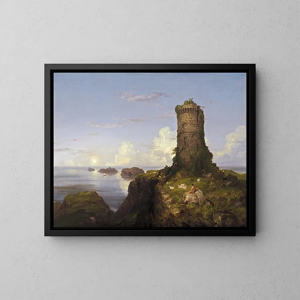 Italian Coastal Scene with Ruined Tower - Thomas Cole — framed artwork on a wall