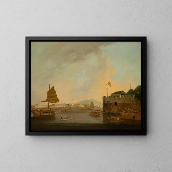 The European factories and the Dutch madness at Fort Canton from the southwest of the Canton River - Thomas Daniell — framed artwork on a wall