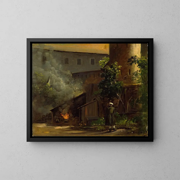 From a Courtyard at Scharfenberg Castle near Dresden - Thomas Fearnley — framed artwork on a wall