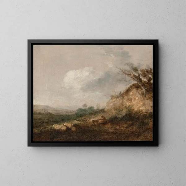 van een herder en zijn hond in een landschap, zijn kudde rustend nabij een duin op de voorgrond - Thomas Gainsborough — ingelijst kunstwerk aan de muur